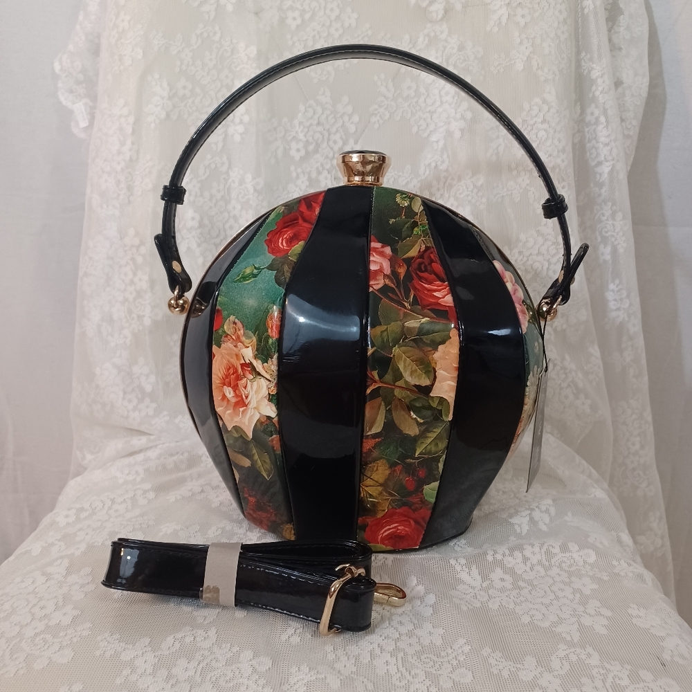 JULIA & MICHAEL Round Unique Black Patent Floral Crossbody Purse Handbag Bag